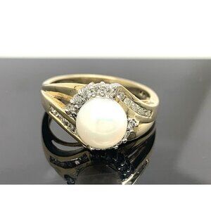Pearl Diamond Cocktail Ring 10k Yellow Gold Estate Jewelry Women's Size 7